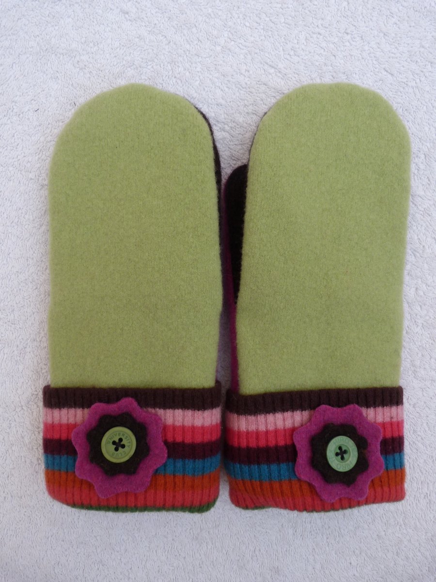 Wool mittens Created from Up-cycled Sweaters. Fully Lined. Stripe Cuff.