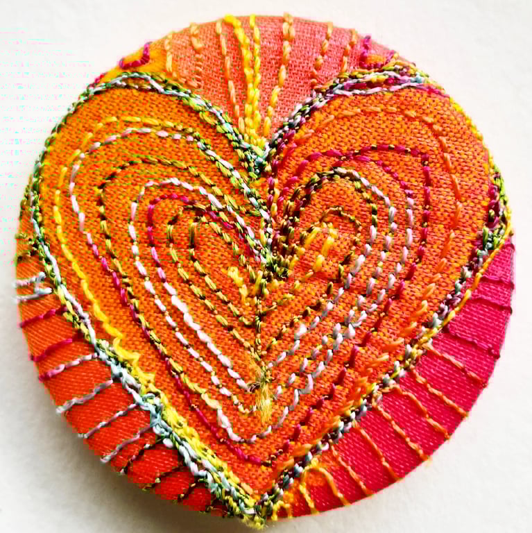 38mm Hand Dyed Fabric Heart Badge with Free Machine Embroidery 