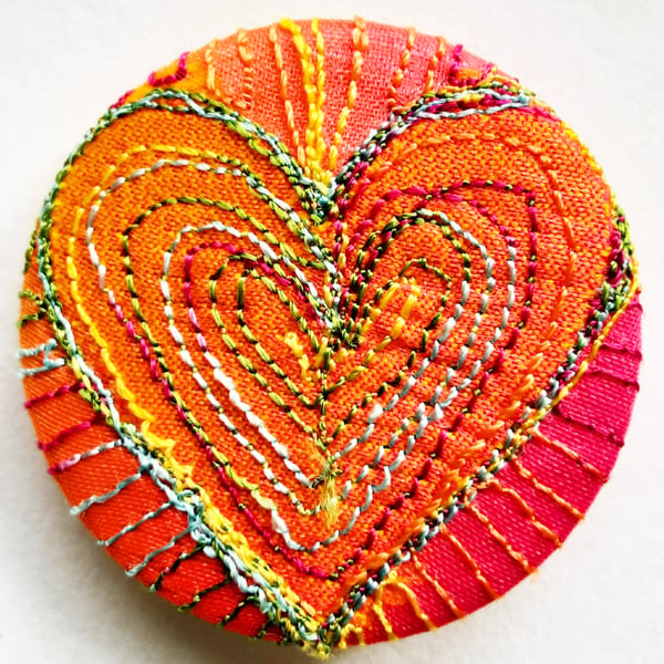 38mm Hand Dyed Fabric Heart Badge with Free Machine Embroidery 