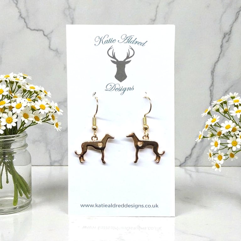 Charm Earrings - Gold Greyhound - Whippet (Heart)
