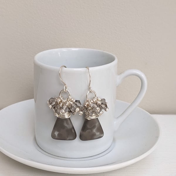 Czech Glass Grey Triangle Earrings,  Cluster Dangle Earrings