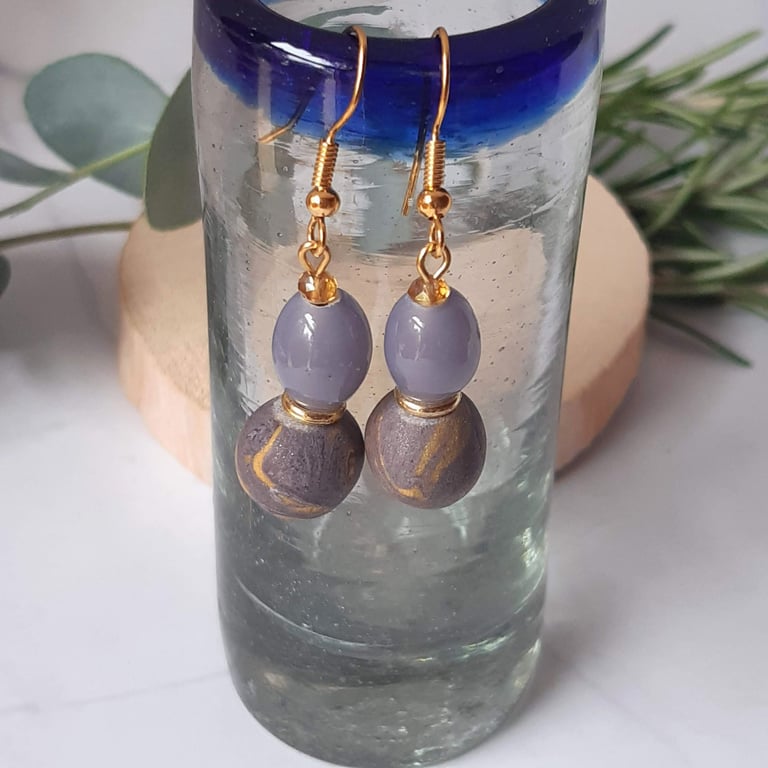 Dangly polymer clay earrings  in mauve and gold