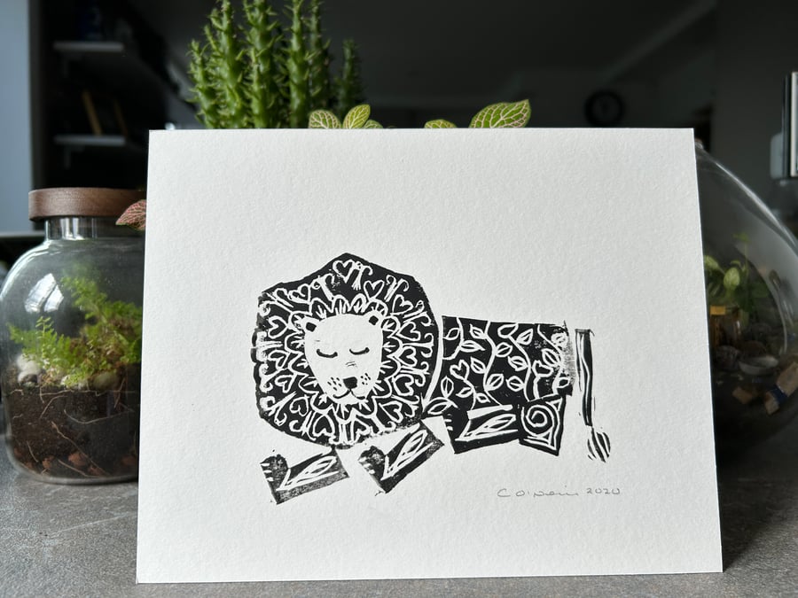 Stamped Sleeping Lion in black ink - made. In Yorkshire