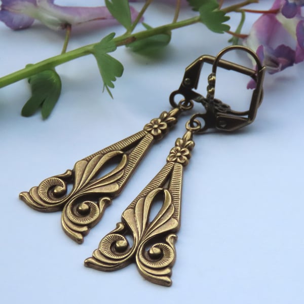 Victorian Art Nouveau Style Ornate Antique Brass Earrings, Unique Gift for Her