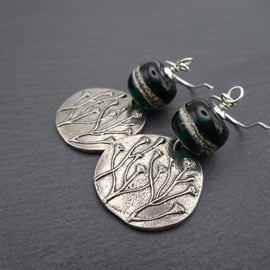 teal green lampwork glass and pewter earrings