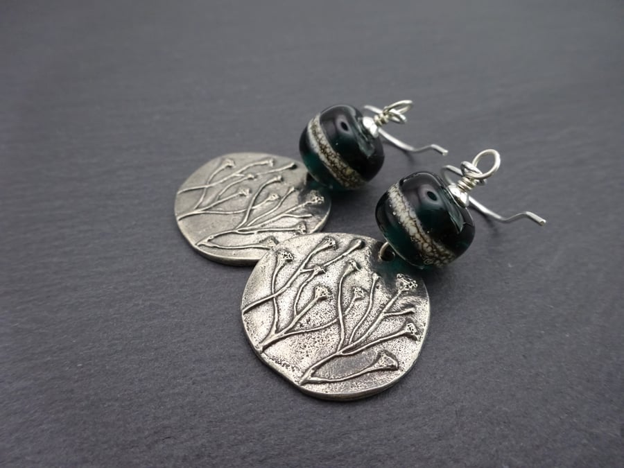 teal green lampwork glass and pewter earrings