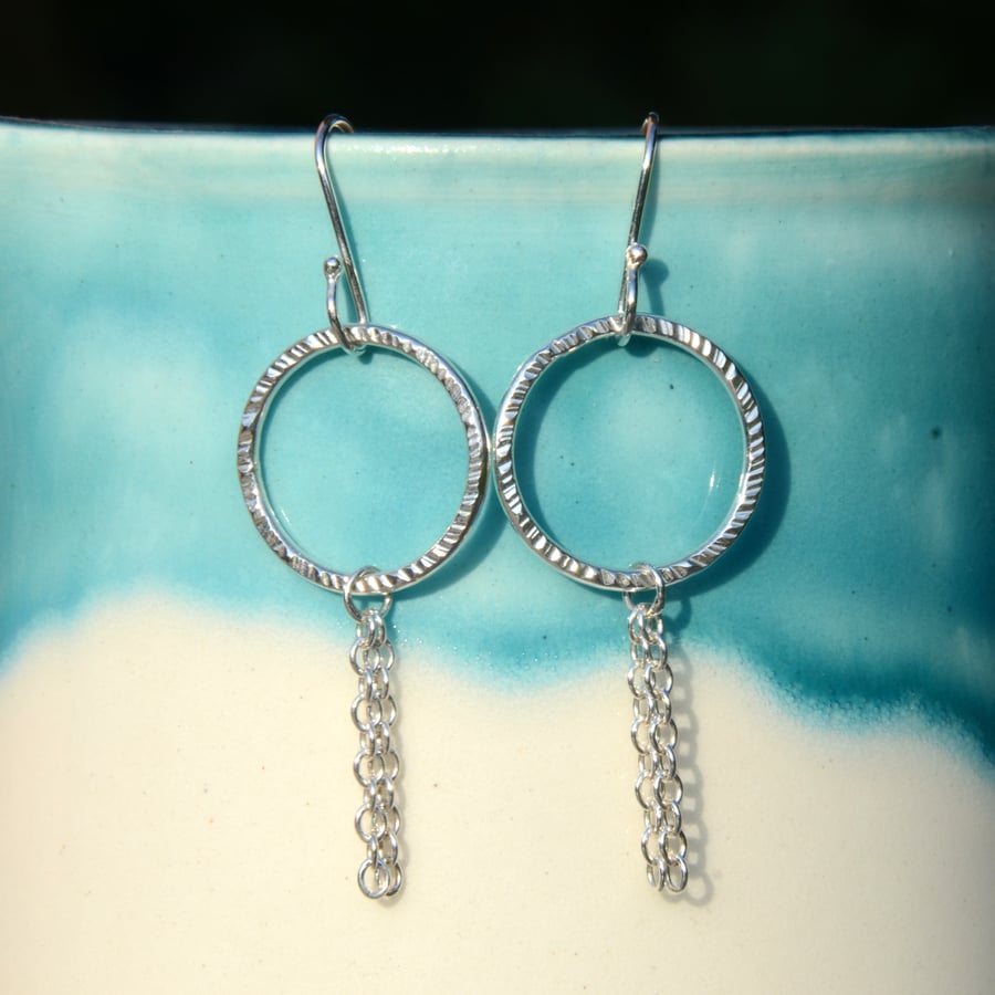 Sterling silver dangly circle earrings with chains