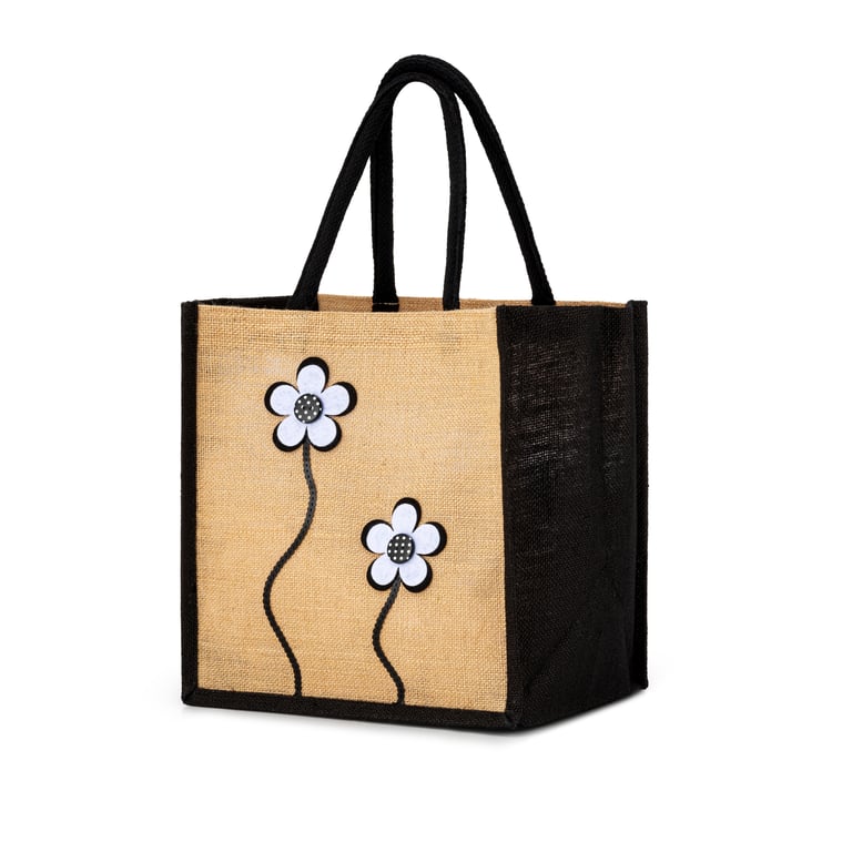 Medium Black Trim Jute Hessian Shopping Bag Decorated with Black & White Flowers