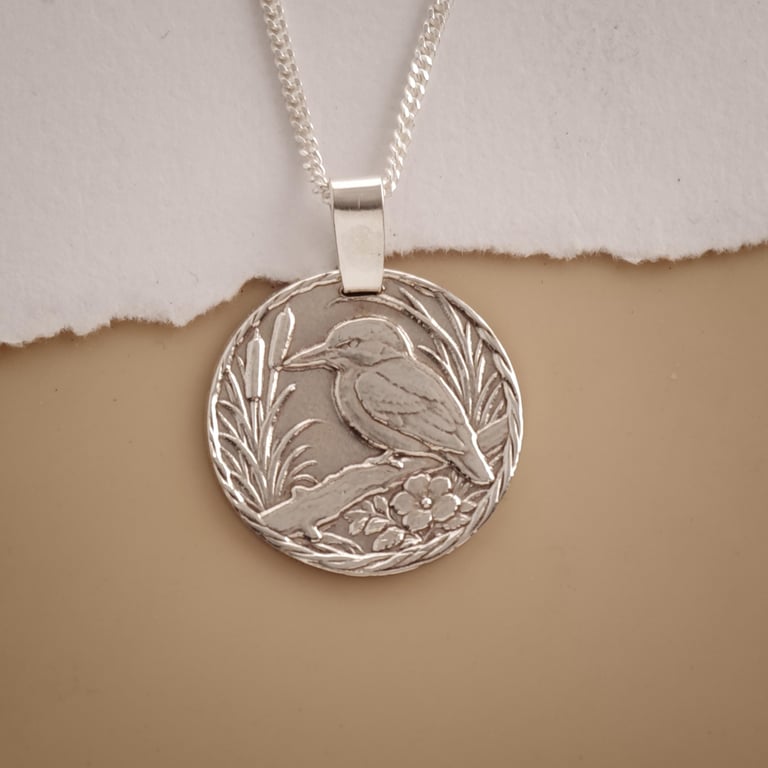 Kingfisher Engraved Sterling Silver Coin Necklace