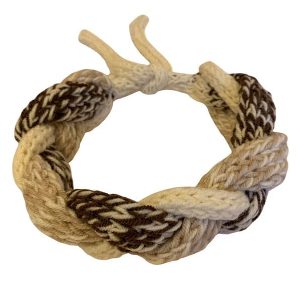 Hand Knitted Scarf Headband Multifunctional Adjustable Brown Beige Cream Plaited