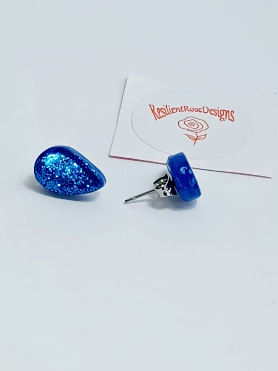 Royal blue sparkle teardrop stud earrings      