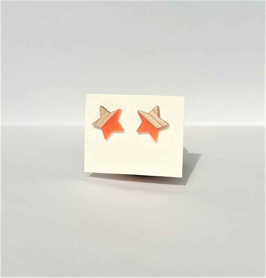 Light Wood And Orange Resin Sterling Silver Star Stud Earrings