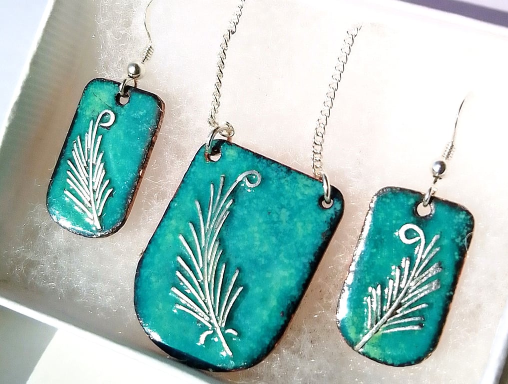VIBRANT ENAMELLED FERN JEWELLERY SET IN COPPER & STERLING SILVER