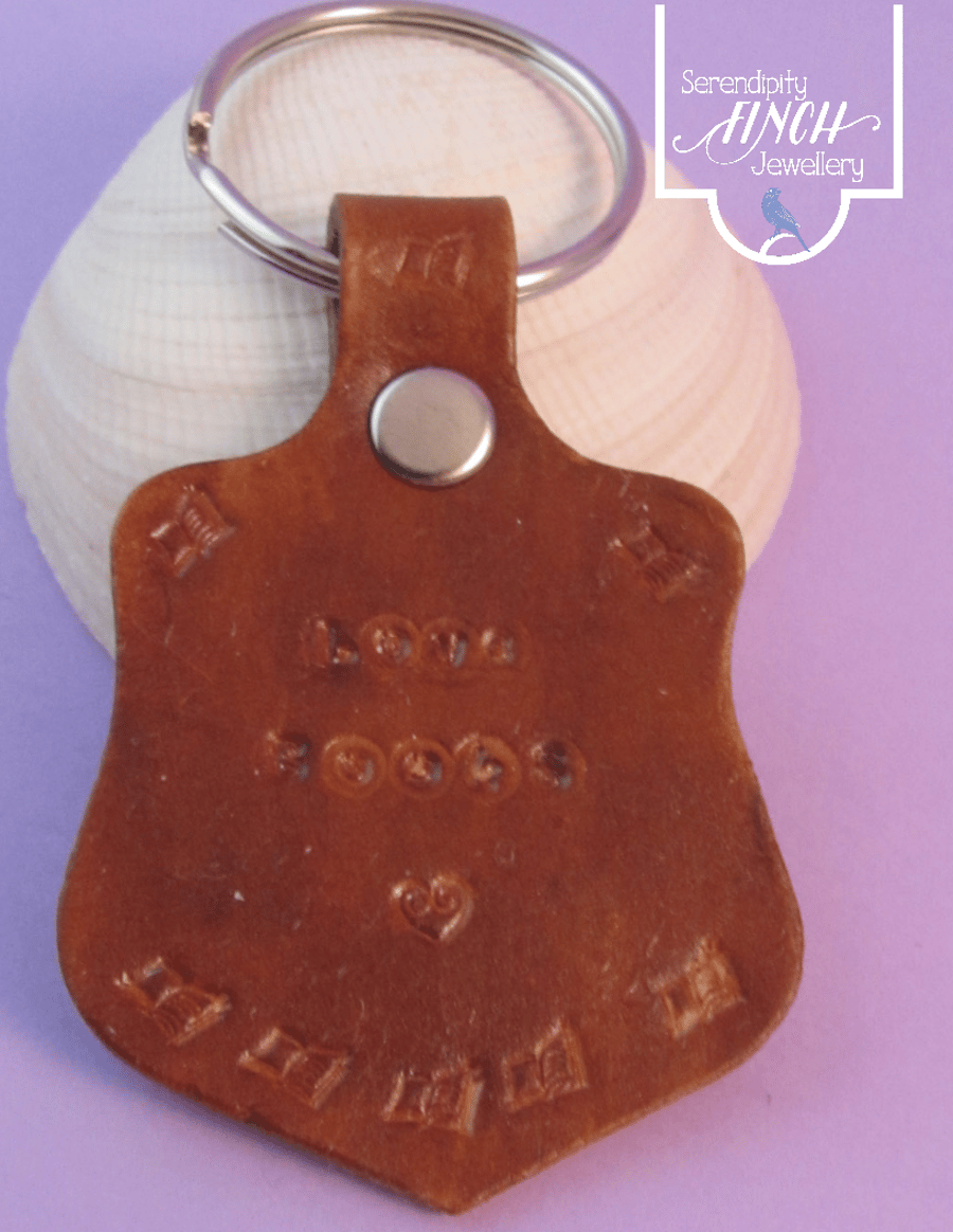 Love Books Brown Leather Keyring, Hand Stamped Leather Keyring