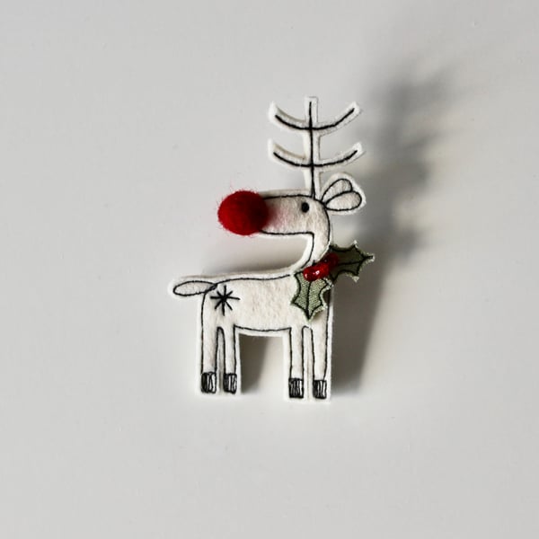 'Reindeer with Holly' - Handmade Christmas Brooch