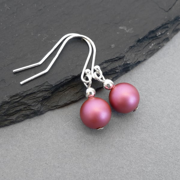 Raspberry Pink Drop Earrings - Simple Dark Pink Dangle Earrings -Pearl Jewellery