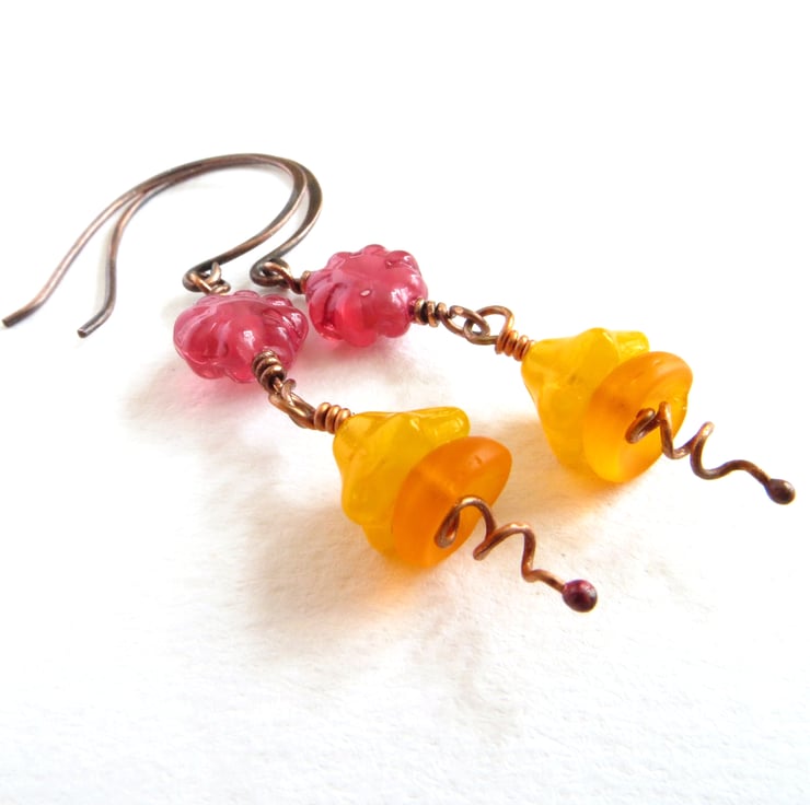 SALE Bright Pink and Orange Earrings, Long Flow... Folksy