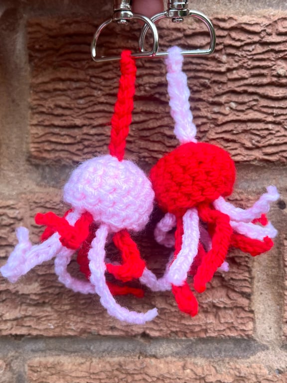 Matching Jellyfish Crochet Keyrings Pastel Pink & Red - Clasp Hook Bag Charms
