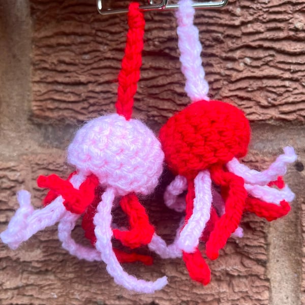 Matching Jellyfish Crochet Keyrings Pastel Pink & Red - Clasp Hook Bag Charms