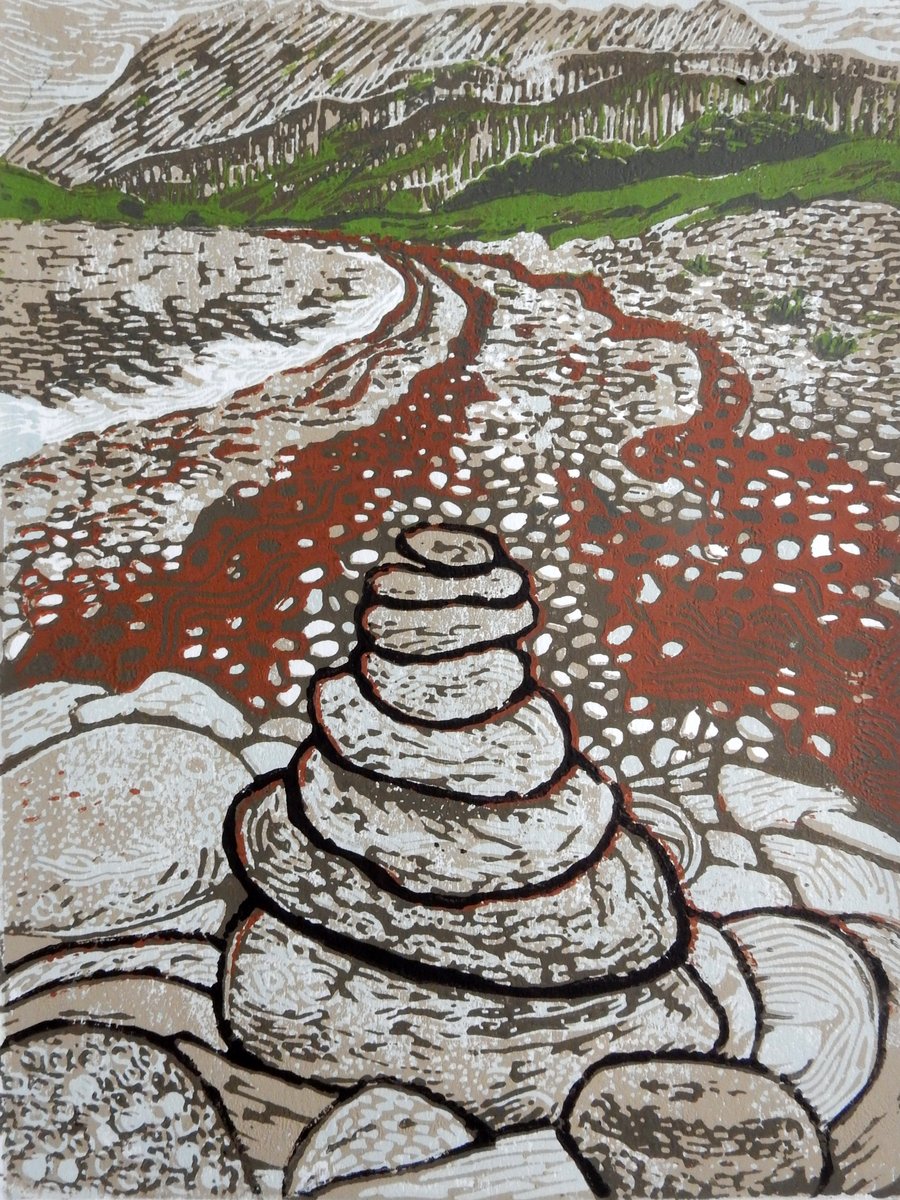 Cairn on Scottish Beach Original Hand Pressed Limited Edition Linocut Print