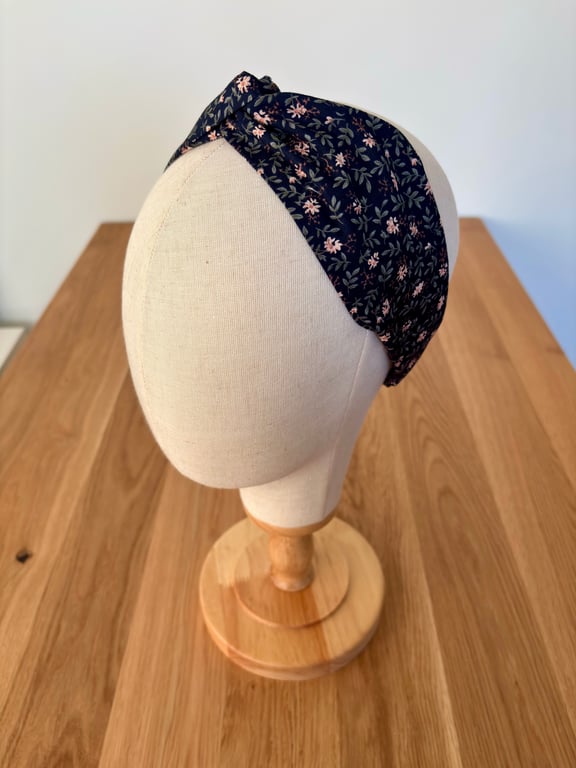 Cotton headband, twist knot style hairband in navy with delicate floral print
