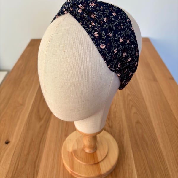 Cotton headband, twist knot style hairband in navy with delicate floral print