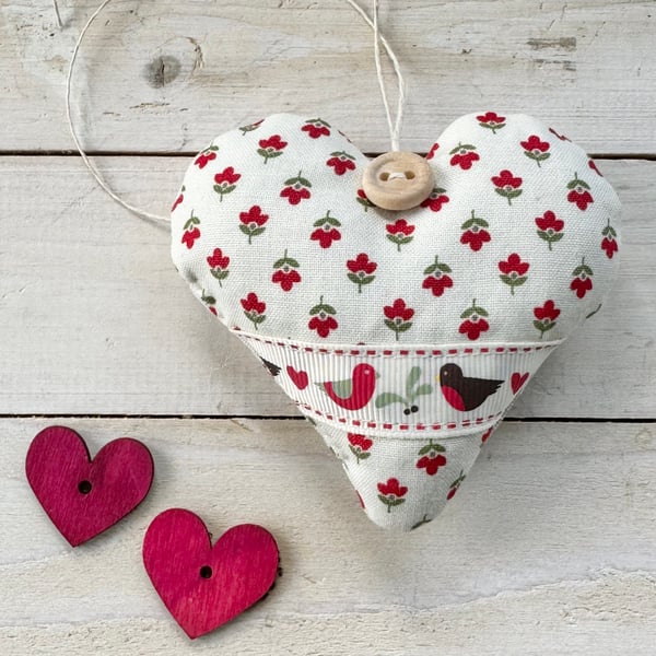 HEART DECORATION - red floral on cream, love heart bird ribbon