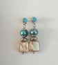 Blue oval & golden square cultured pearl, dangle earrings, cubic zirconia stud - Image 5