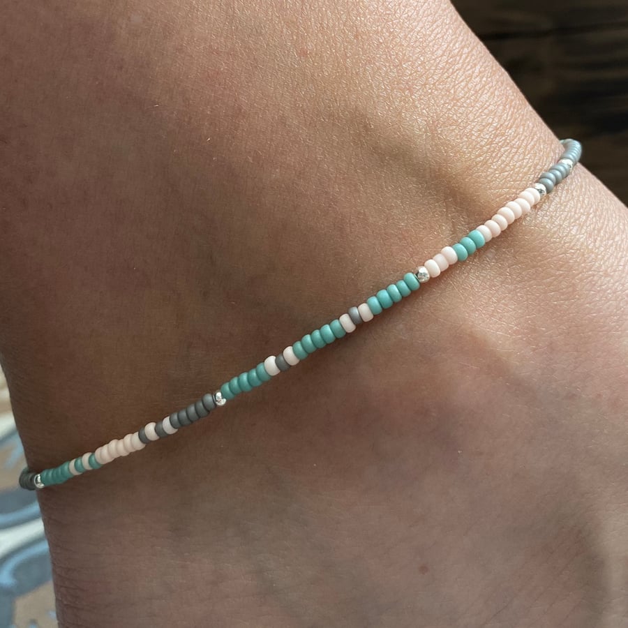 Sea Green, Pink & Grey Beaded Anklet. Sterling Silver. Extension Chain. 