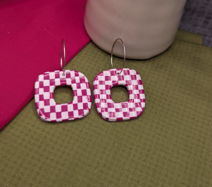 Vibrant pink checked square dangle earrings 