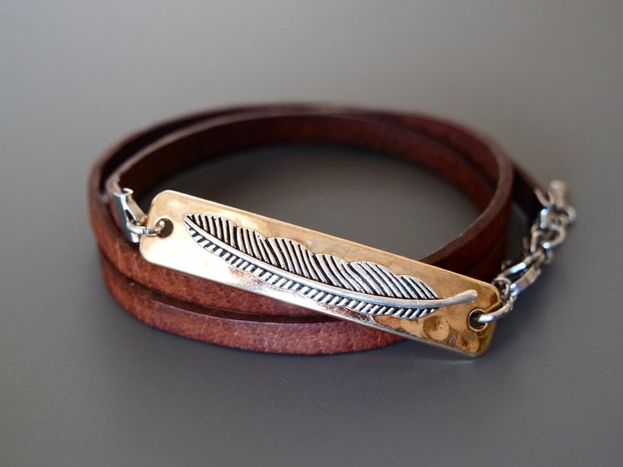 Leather wrap bracelet - feather gold silver plated rectangular