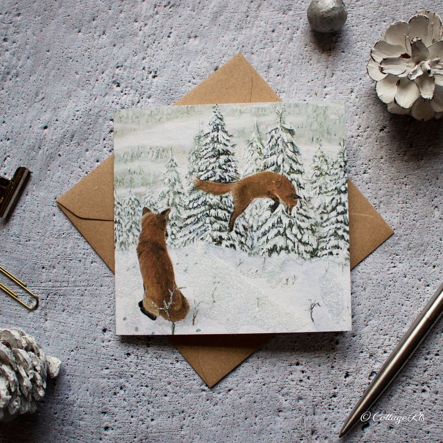 Christmas Card Red Foxes in Snow Hand Finished By CottageRts
