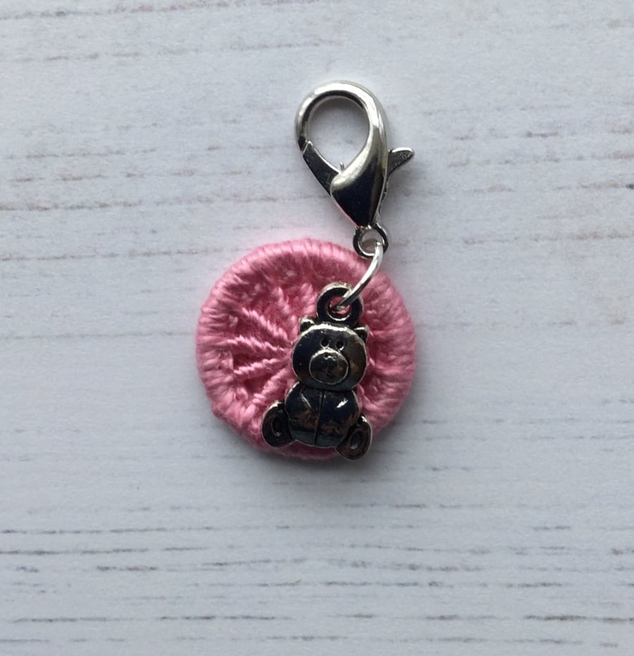 Charm for a Bag, Journal or Zip with a Pink Dorset Button and Teddy Bear
