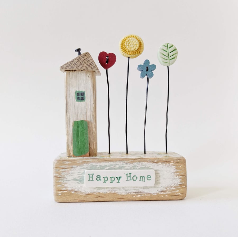 Little Wooden House with Button and Clay Flower Garden 'Happy Home'