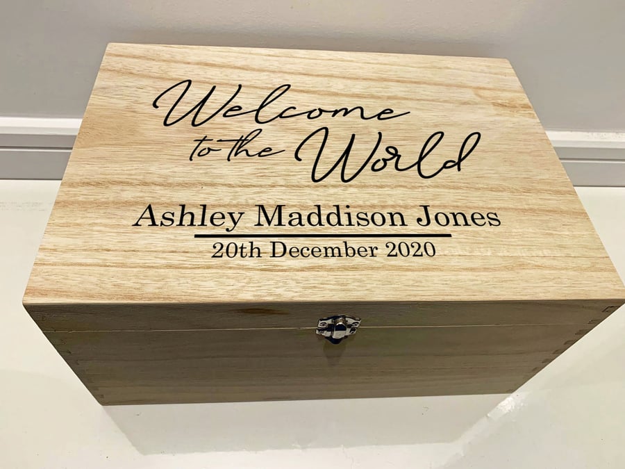 Large Personalised Engraved Wooden Baby Keepsake Box, Welcome to the World