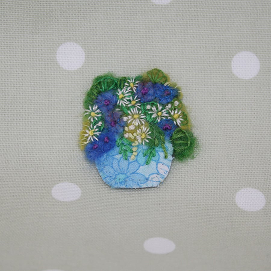 Embroidered Brooch - Blue Flower Bowl