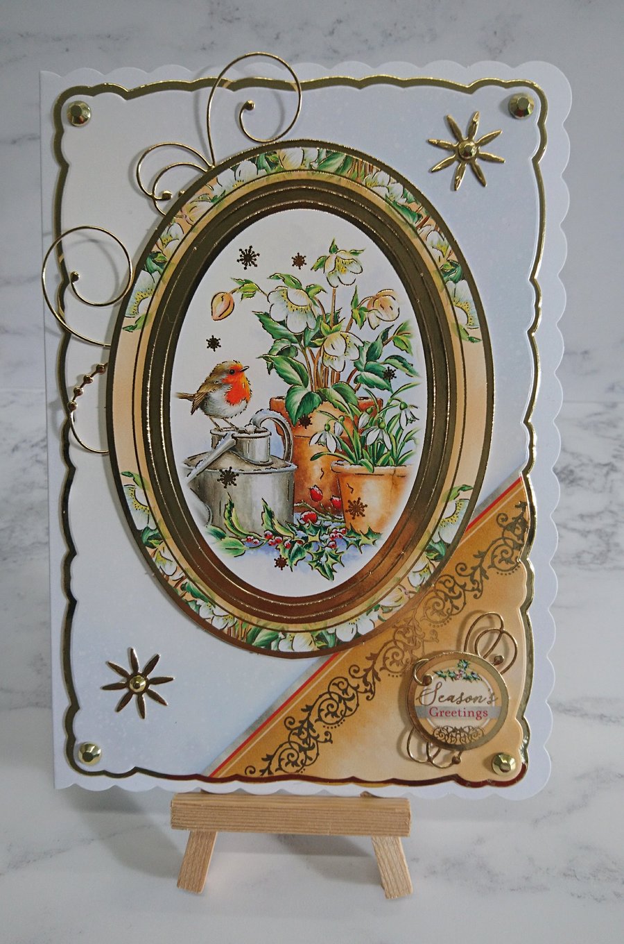 Handmade Christmas Card Season's Greetings Robins Watering Can Flowers