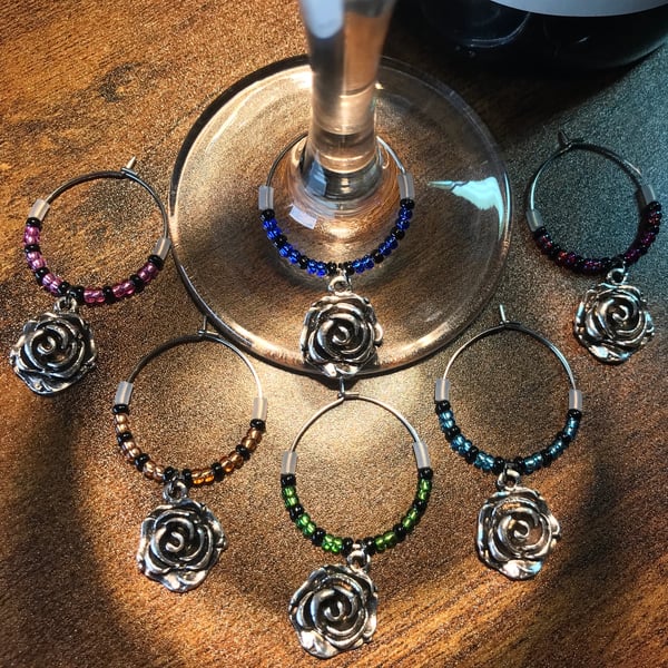 Set of Six Wine Glass Markers with Silver tone Rose Charms & Seed Beads
