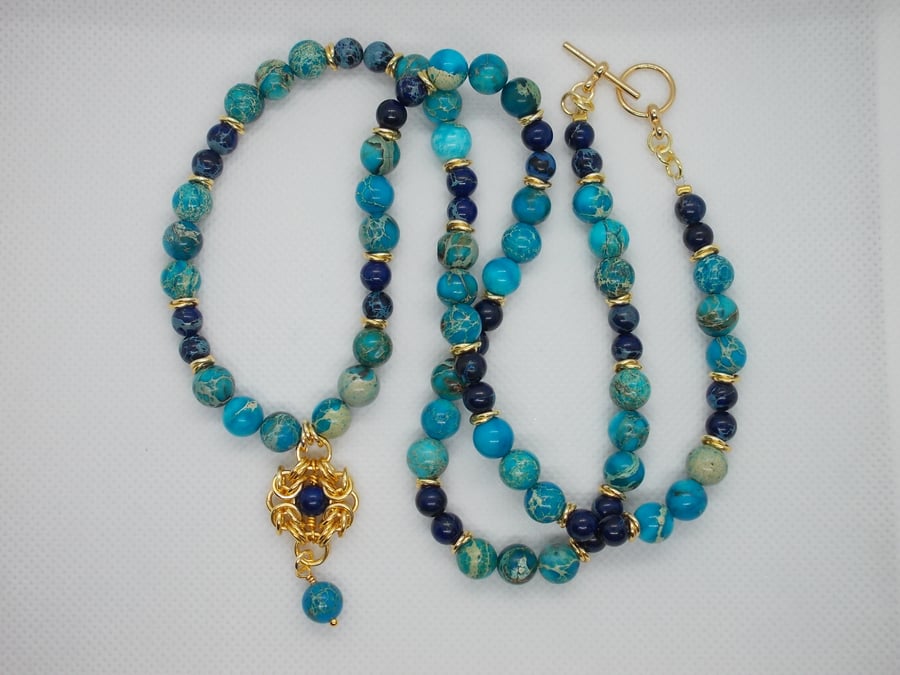 SALE - Turquoise and Navy variscite necklace with chainmaille pendant
