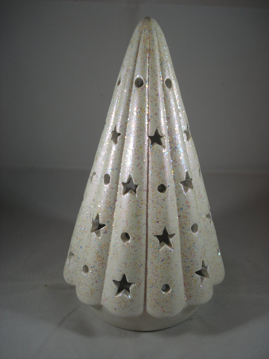 White Glittery Ceramic Star Light Christmas Tree Table Lamp Ornament Decoration.