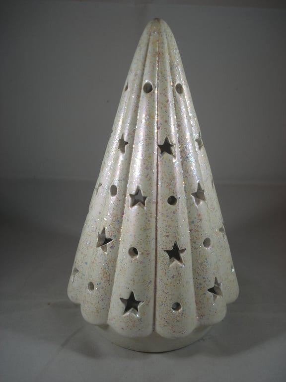 White Glittery Ceramic Star Light Christmas Tree Table Lamp Ornament Decoration.