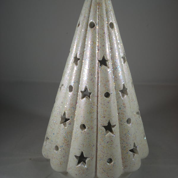 White Glittery Ceramic Star Light Christmas Tree Table Lamp Ornament Decoration.