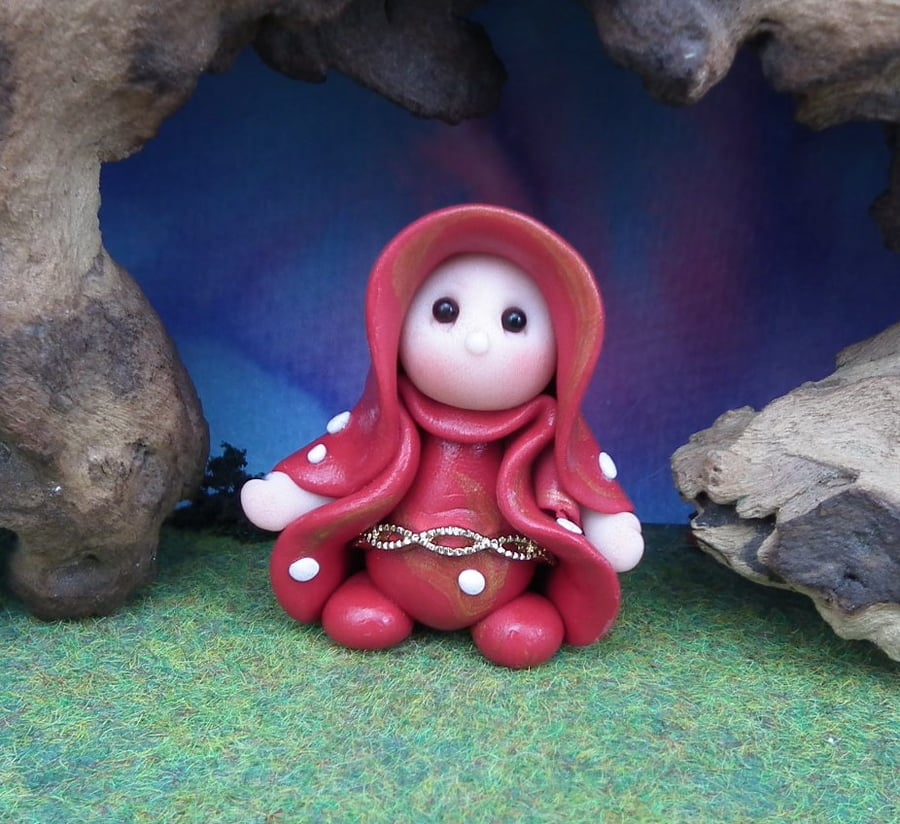 Tiny Toadstool Gnome with red robes 'Furze' OOAK Sculpt by Ann Galvin