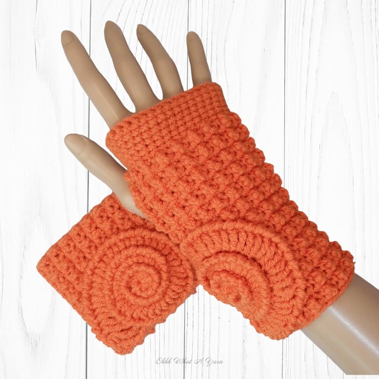 Crochet gloves. Orange ammonite ladies crochet gloves, fingerless gloves.  