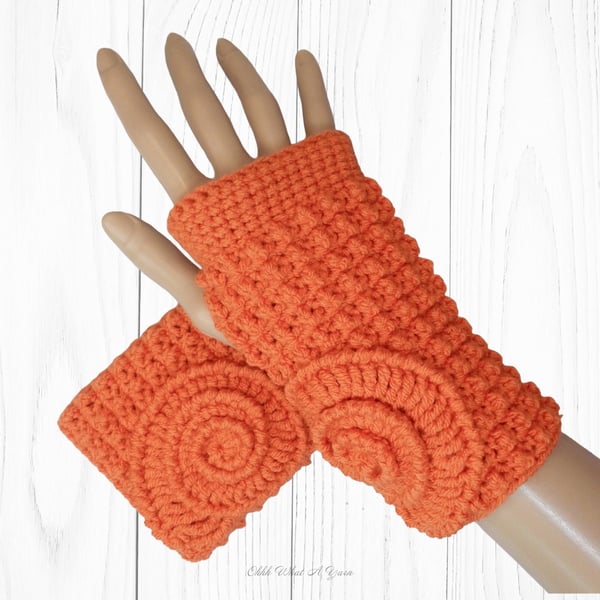 Crochet gloves. Orange ammonite ladies crochet gloves, fingerless gloves.  