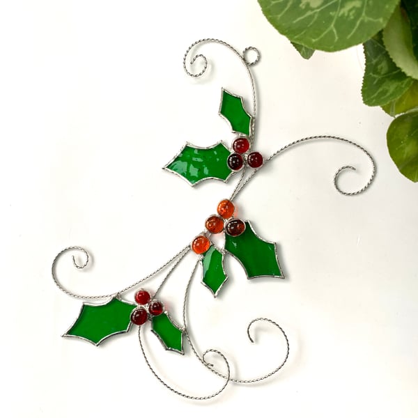 Stained Glass Holly Sprig Suncatcher - Handmade Window Decoration 