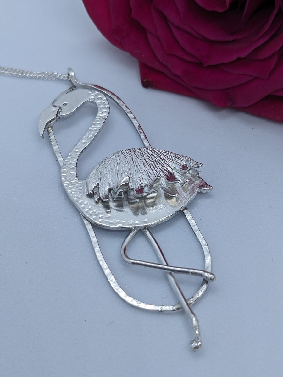 Silver flamingo pendant, Original sterling silver pendant, Unique bird jewellery