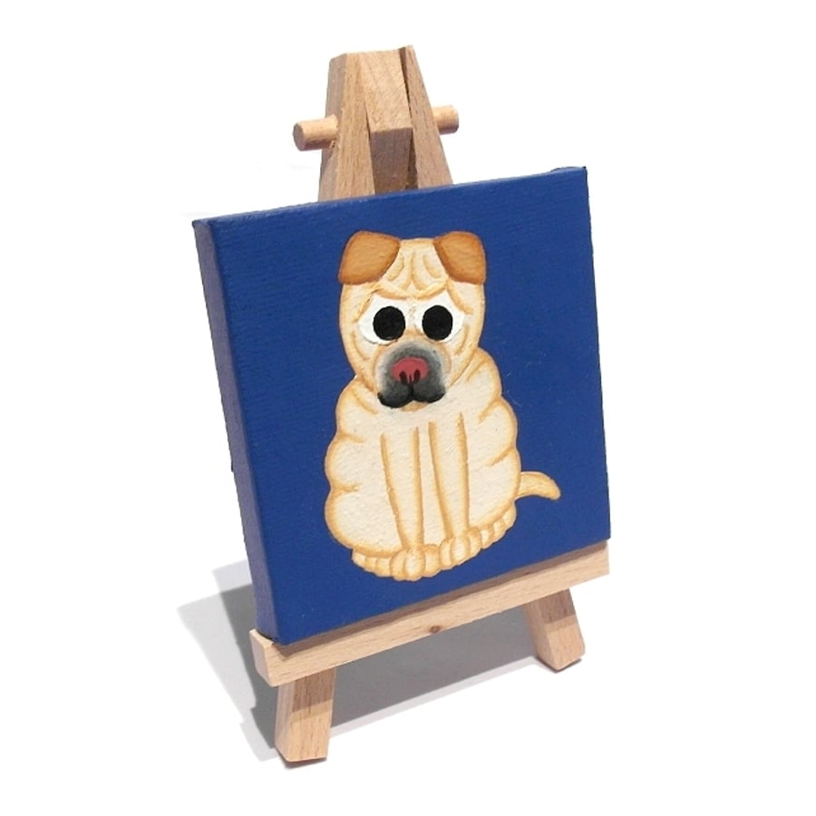 Cute Shar Pei Mini Art - acrylic dog painting on a miniature canvas with easel