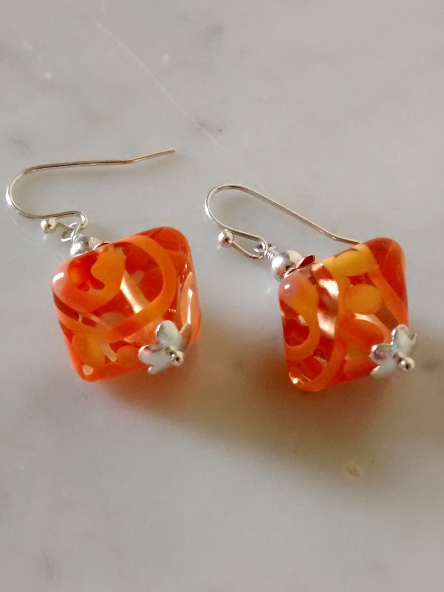 ORANGE LAMPWORK EARRINGS -  DANGLE - GLASS - FREE UK SHIPPING 