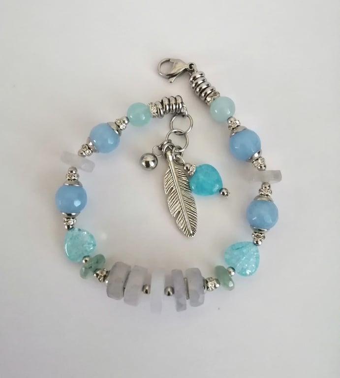 Blue gemstone beaded bracelet, valentine heart bracelet, charm bracelet 